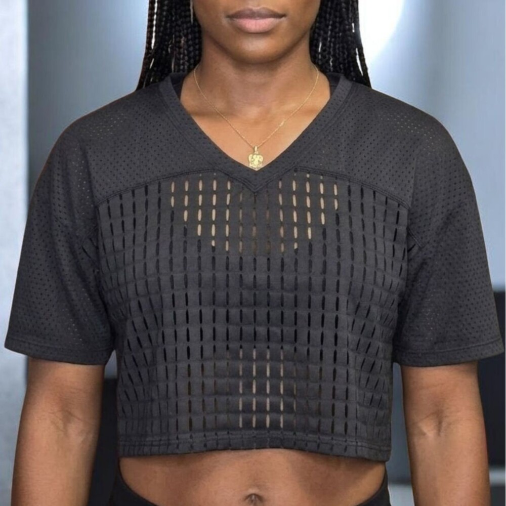 Victoria Sport Shirt Womens Medium Black Mesh Sheer Cropped V Neck Athletic